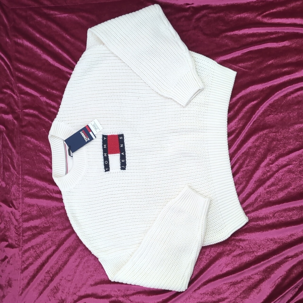 🆕️ TOMMY JEANS Chunky Logo Sweater White NWT Sz XL 50% Organic Cotton
